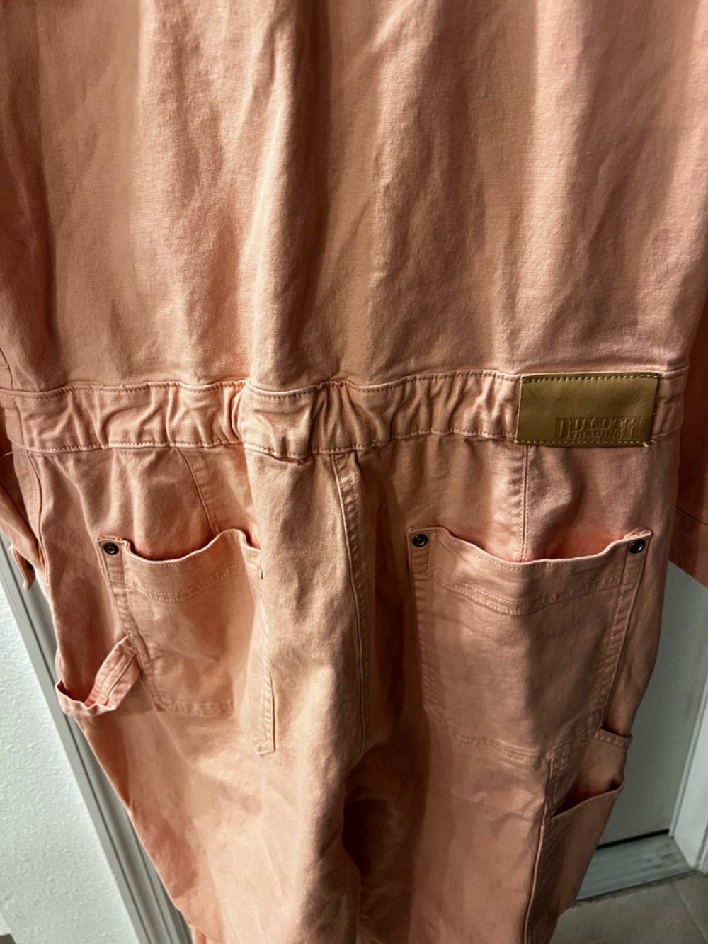 Duluth Trading Co Pink Utility Jumpsuit Denim Stretch Pockets Size L - Picture 6 of 7